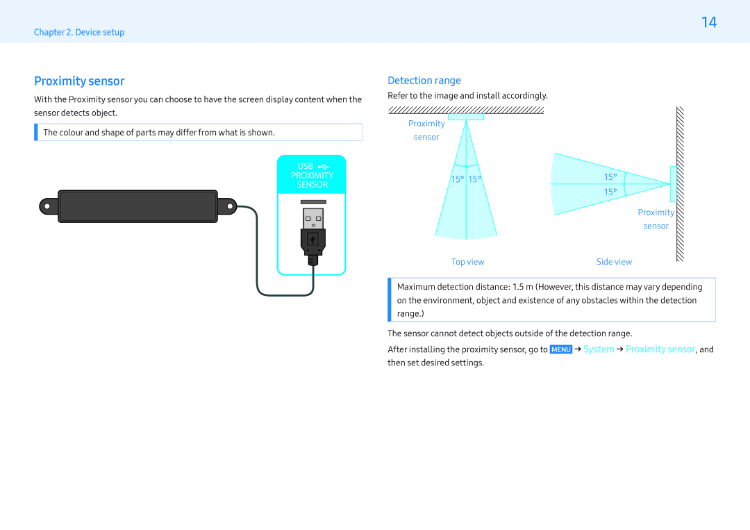 Samsung LH32MLEPLSC/CH, LH55MLEPLSC/EN, LH32MLEPLSC/EN, LH32MLEPLSC/NG, LH55MLEPLSC/NG manual Proximity sensor, Detection range 