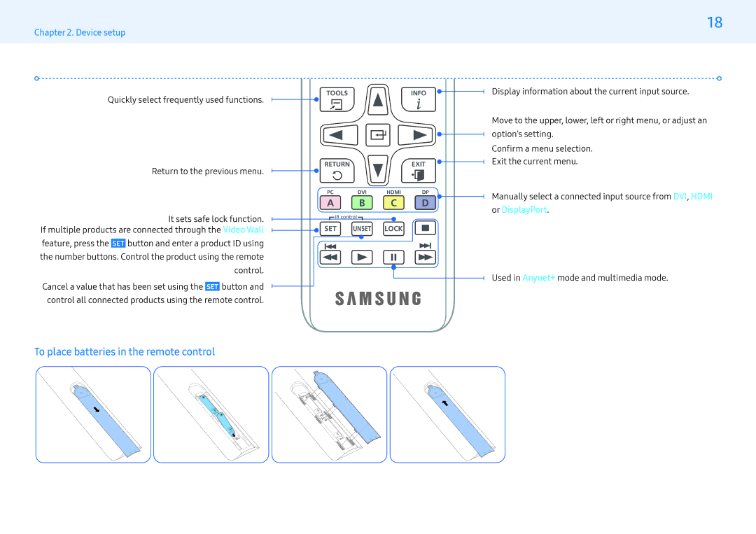 Samsung LH32MLEPLSC/NG, LH55MLEPLSC/EN, LH32MLEPLSC/EN, LH55MLEPLSC/NG manual To place batteries in the remote control, C D 