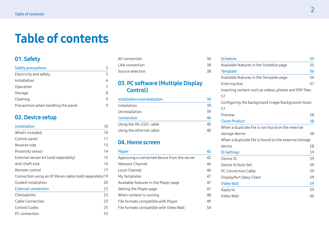 Samsung LH32MLEPLSC/NG, LH55MLEPLSC/EN, LH32MLEPLSC/EN, LH55MLEPLSC/NG, LH55MLEPLSC/XY, LH32MLEPLSC/XV manual Table of contents 