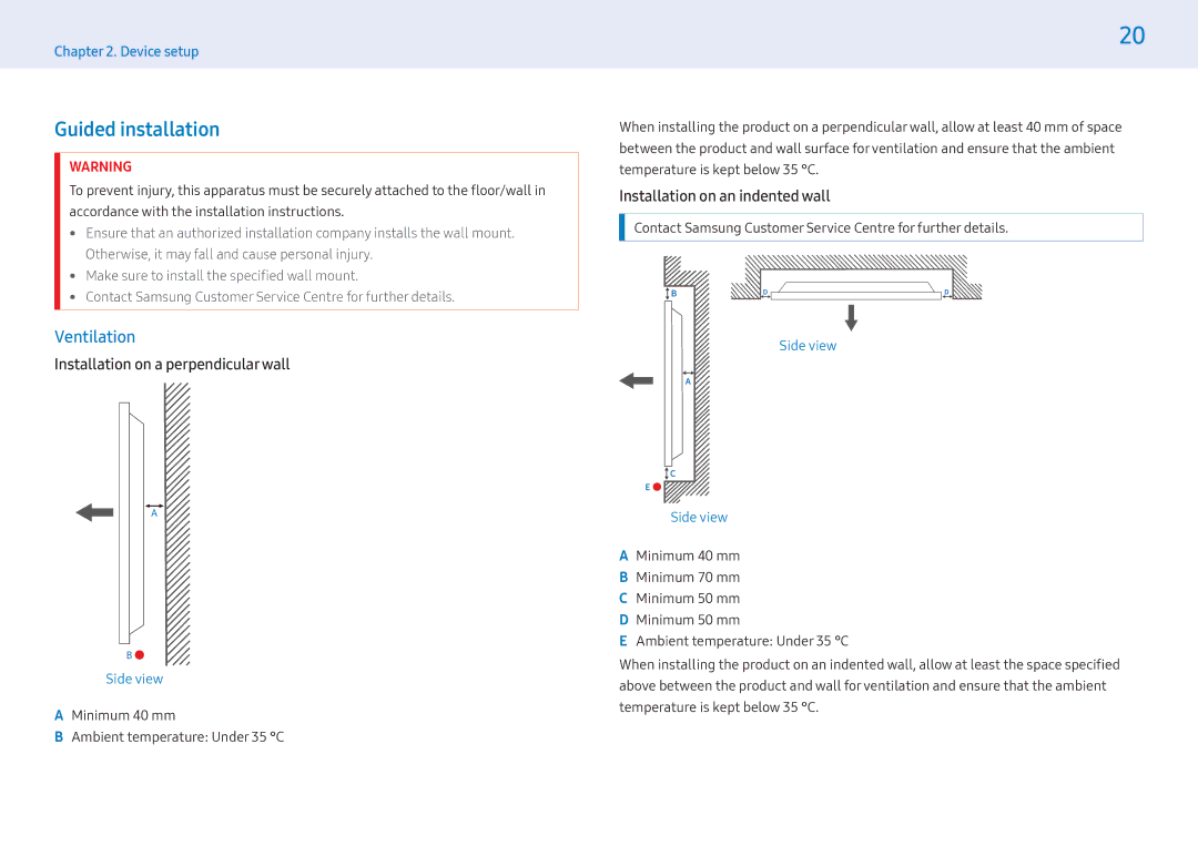 Samsung LH55MLEPLSC/XY, LH55MLEPLSC/EN manual Guided installation, Ventilation, Installation on a perpendicularwall 