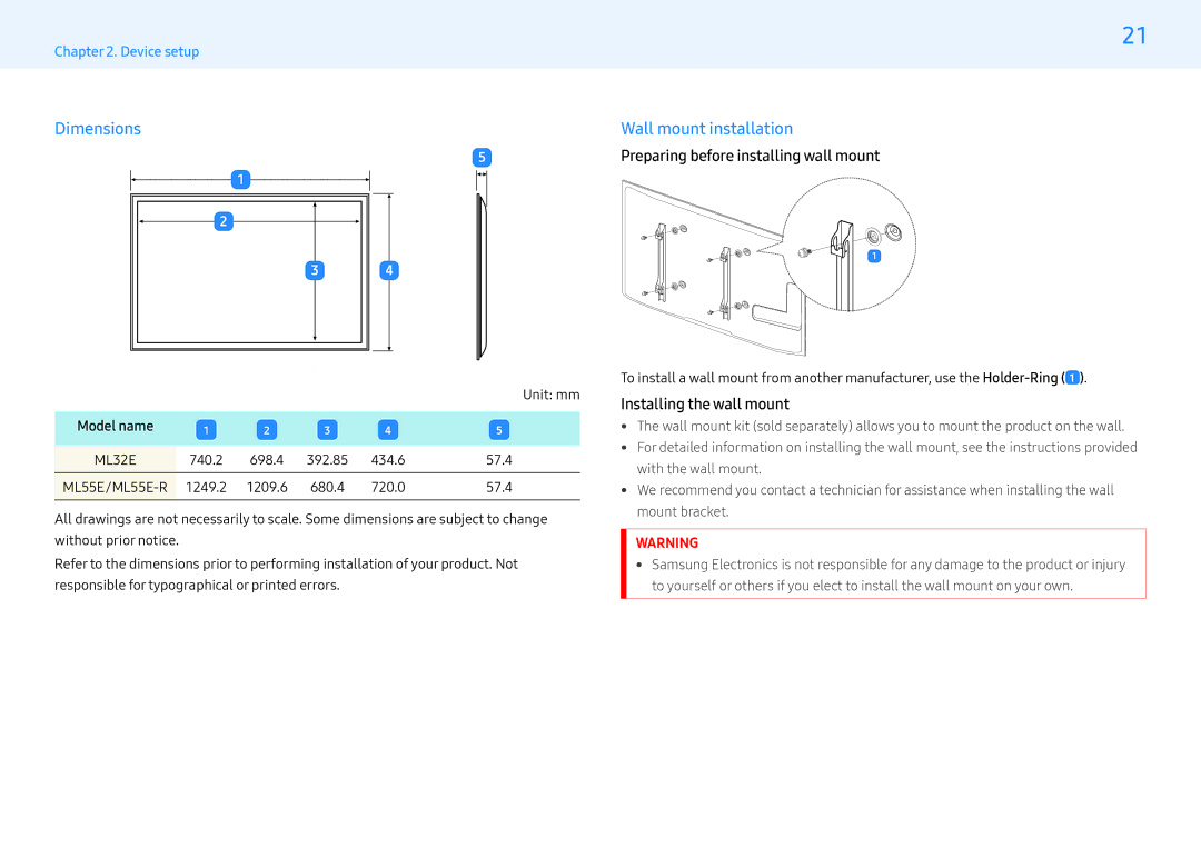 Samsung LH32MLEPLSC/XV, LH55MLEPLSC/EN manual Dimensions Wall mount installation, Preparing before installing wall mount 