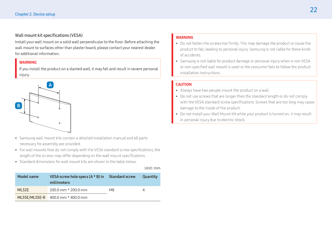 Samsung LH32MLEPLSC/CH manual Wall mount kit specifications Vesa, Unit mm, Model name, Standard screw Quantity Millimeters 