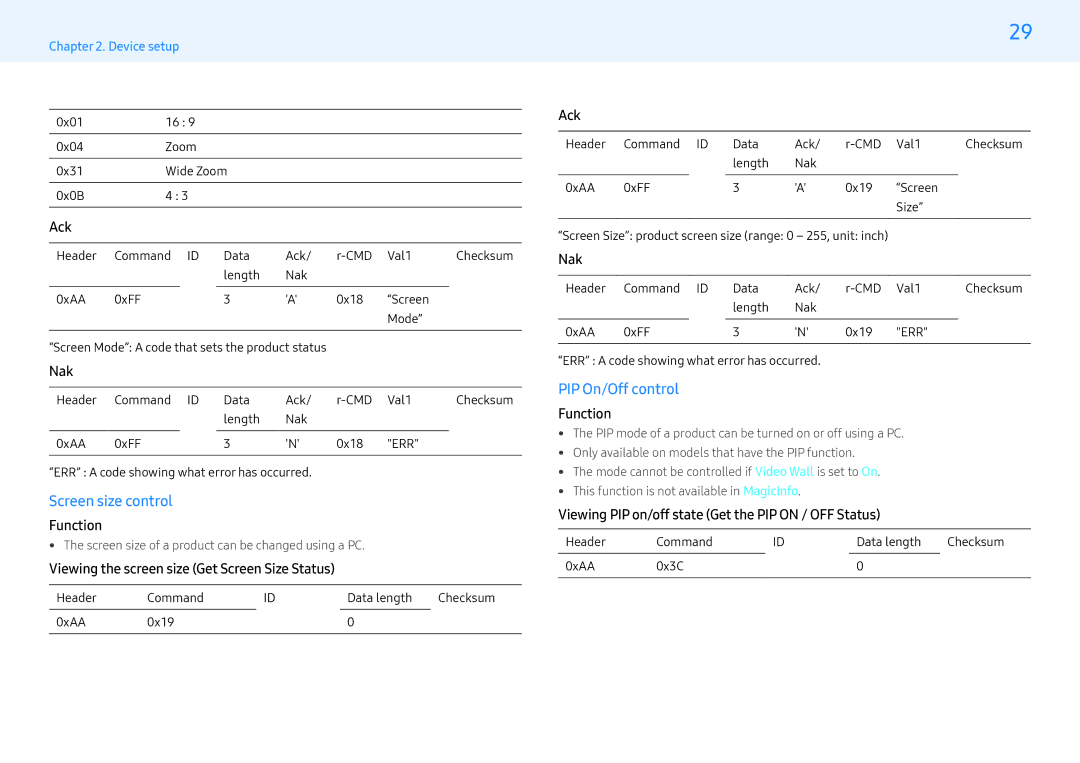 Samsung LH32MLEPLSC/XV manual Screen size control, PIP On/Off control, Viewing the screen size Get Screen Size Status 