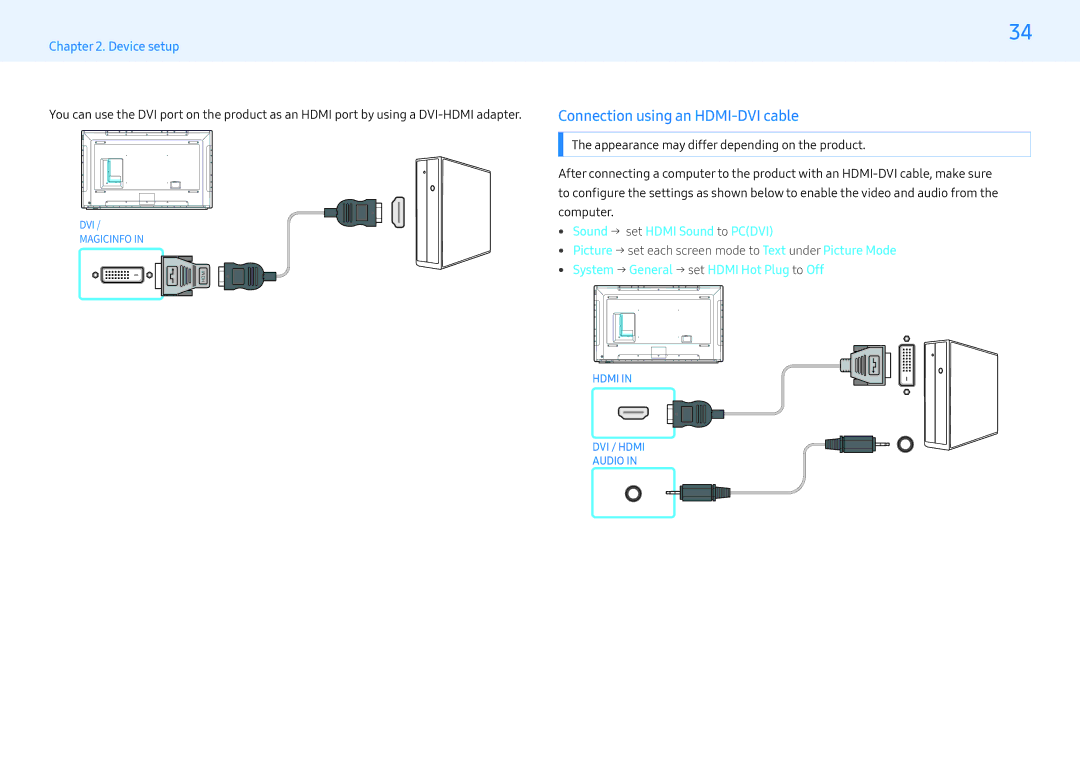 Samsung LH32MLEPLSC/NG, LH55MLEPLSC/EN, LH32MLEPLSC/EN Connection using an HDMI-DVI cable, Sound → set Hdmi Sound to Pcdvi 