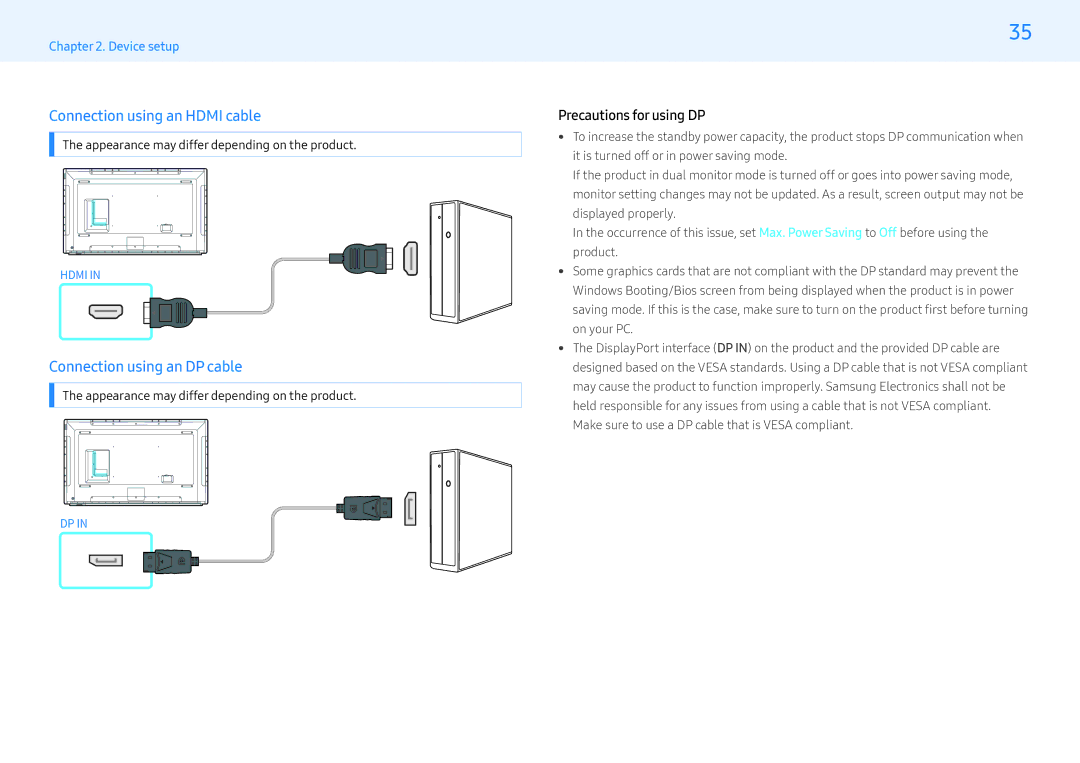 Samsung LH55MLEPLSC/NG manual Connection using an Hdmi cable, Connection using an DP cable, Precautions for using DP 