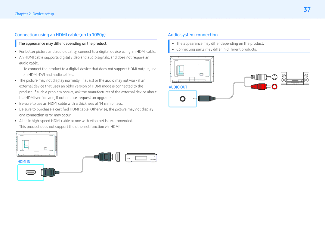 Samsung LH32MLEPLSC/XV, LH55MLEPLSC/EN, LH32MLEPLSC/EN Connection using an Hdmi cable up to 1080p, Audio system connection 