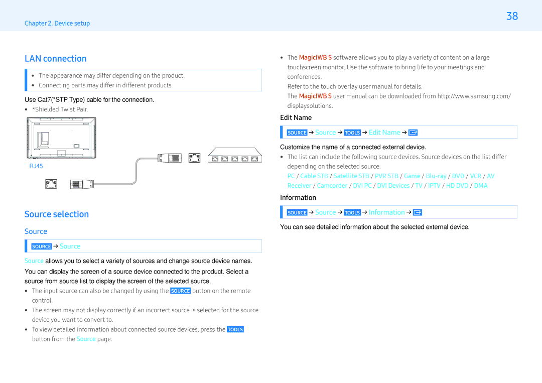 Samsung LH32MLEPLSC/CH, LH55MLEPLSC/EN, LH32MLEPLSC/EN manual LAN connection, Source selection, Edit Name, Information 