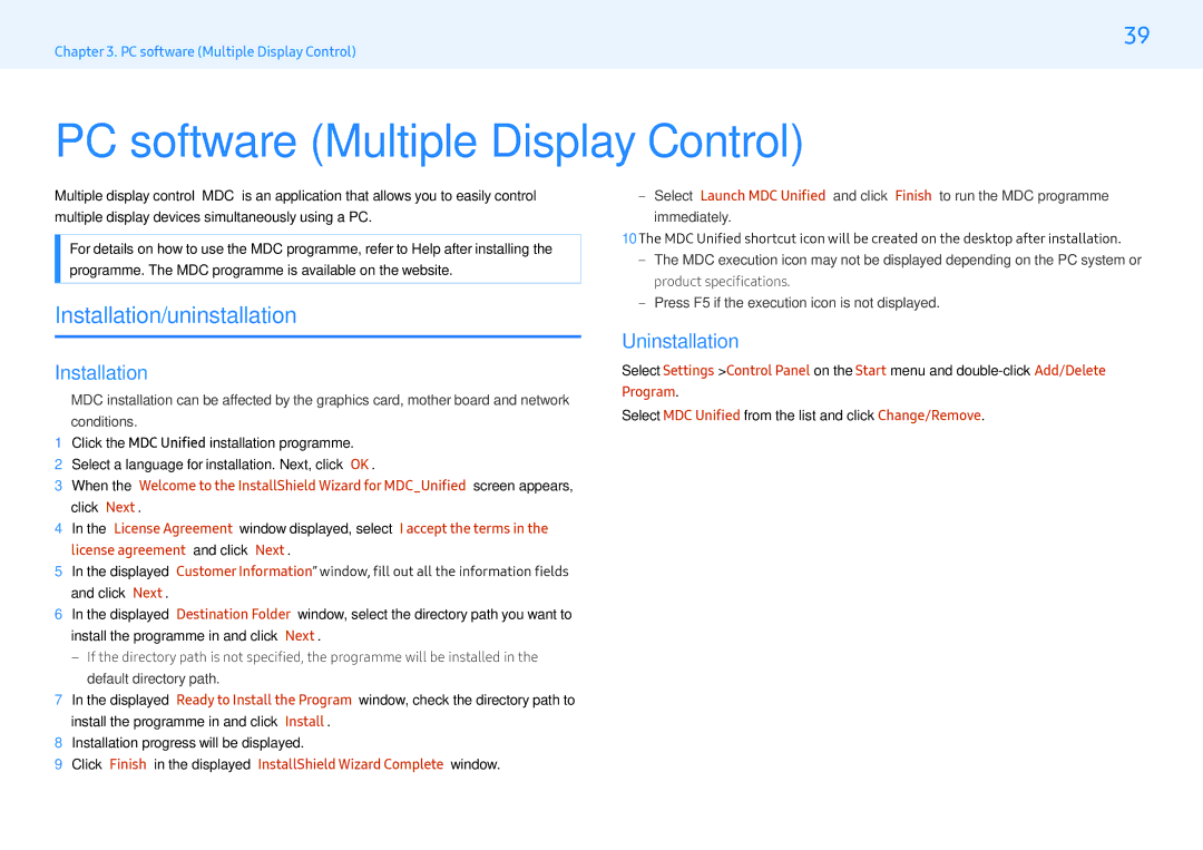 Samsung LH55MLEPLSC/CH, LH55MLEPLSC/EN PC software Multiple Display Control, Installation/uninstallation, Uninstallation 