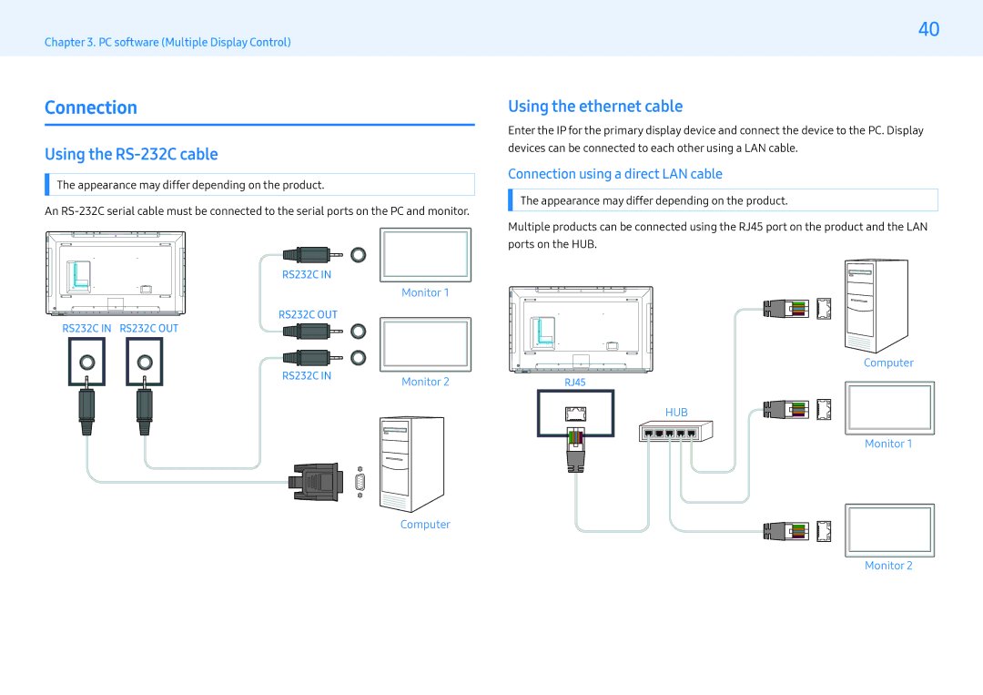 Samsung LH55MLEPLSC/EN manual Using the RS-232C cable, Using the ethernet cable, Connection using a direct LAN cable 