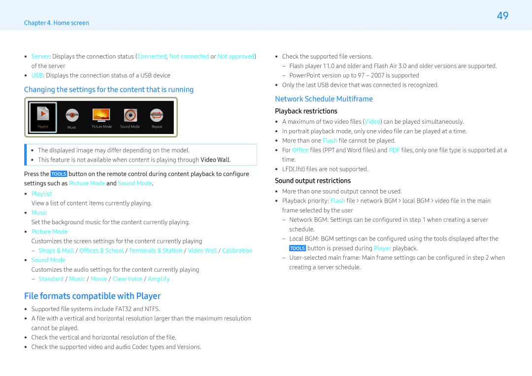 Samsung LH32MLEPLSC/EN manual File formats compatible with Player, Changing the settings for the content that is running 