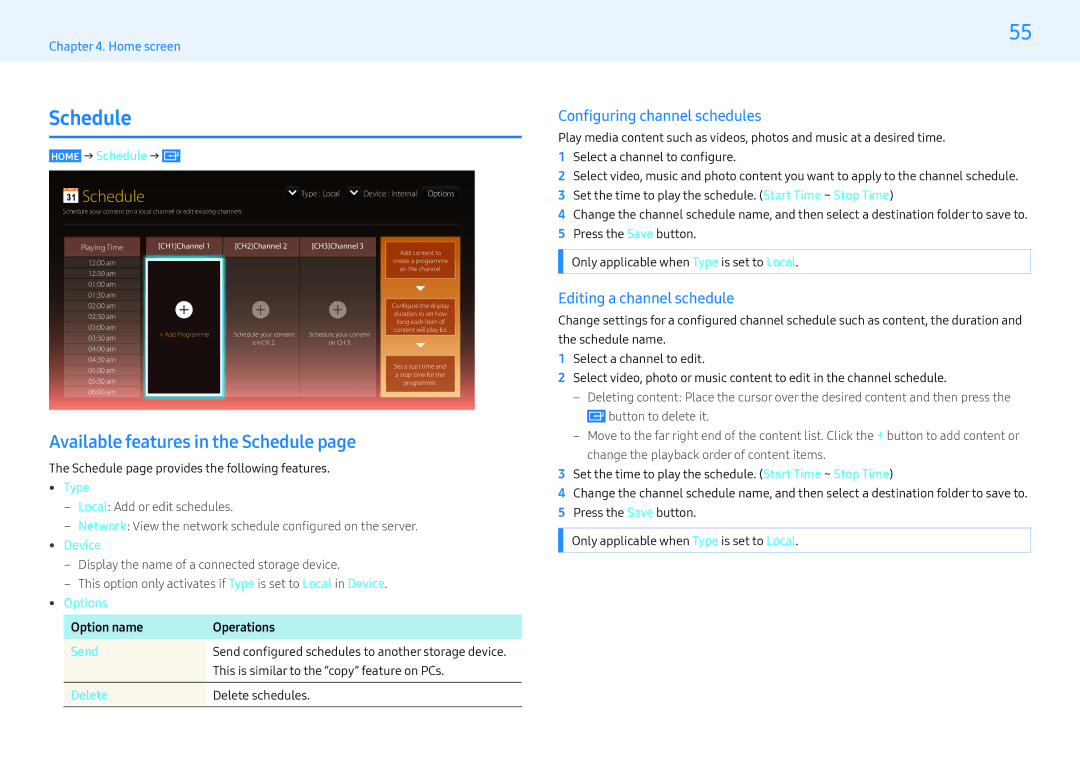 Samsung LH55MLEPLSC/CH Available features in the Schedule, Configuring channel schedules, Editing a channel schedule 