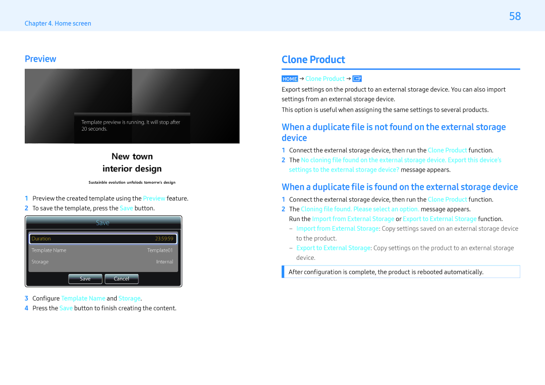 Samsung LH32MLEPLSC/NG, LH55MLEPLSC/EN manual Preview, Home → Clone Product →, Configure Template Name and Storage 