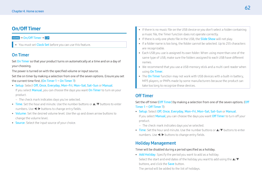 Samsung LH32MLEPLSC/CH, LH55MLEPLSC/EN, LH32MLEPLSC/EN manual On Timer, Holiday Management, Home → On/Off Timer → 