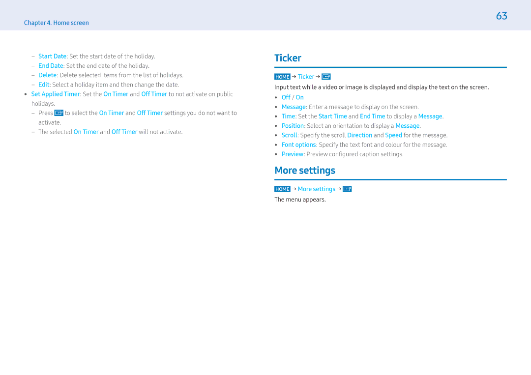 Samsung LH55MLEPLSC/CH manual More settings, Home → Ticker →, Time Set the Start Time and End Time to display a Message 