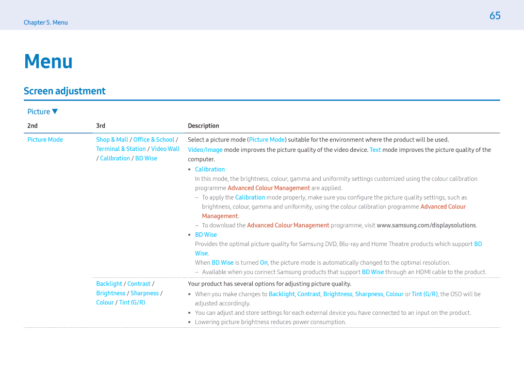 Samsung LH32MLEPLSC/EN, LH55MLEPLSC/EN manual Menu, Screen adjustment, 2nd 3rd Picture Mode, Calibration / BD Wise 