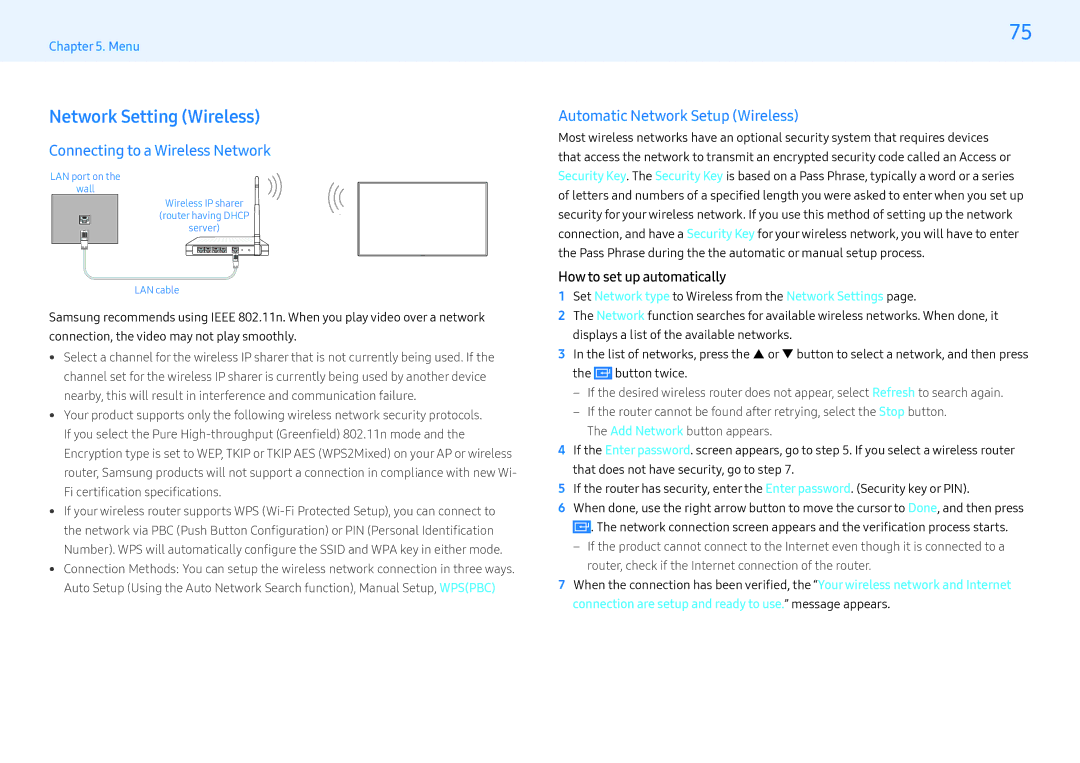 Samsung LH55MLEPLSC/NG manual Network Setting Wireless, Connecting to a Wireless Network, Automatic Network Setup Wireless 