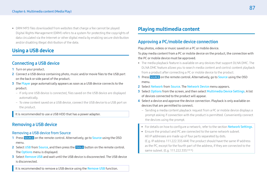 Samsung LH55MLEPLSC/CH Using a USB device, Playing multimedia content, Connecting a USB device, Removing a USB device 