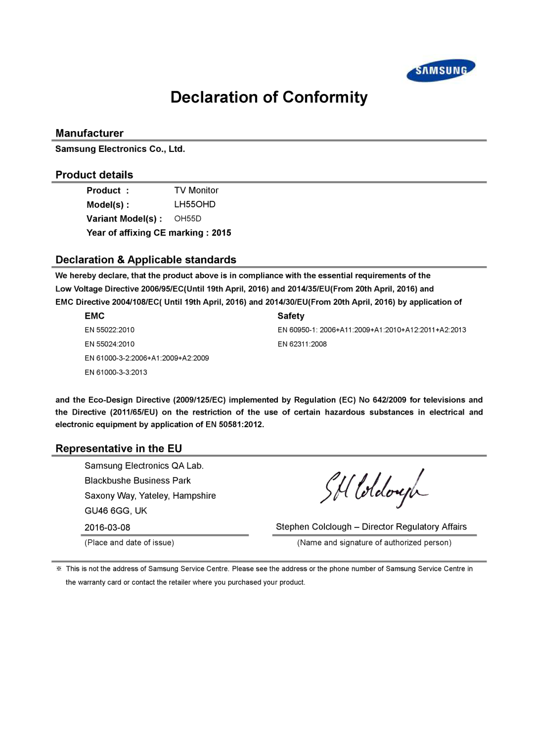 Samsung LH46OHDPKBC/EN manual Declaration of Conformity, Manufacturer Product details, Declaration & Applicable standards 