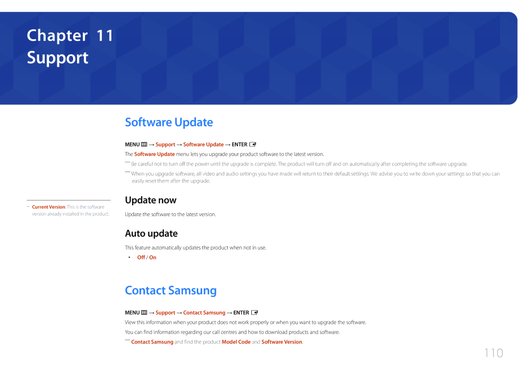 Samsung LH55OHDPKBC/EN, LH46OHDPKBC/EN, LH46OHDPKBC/UE, LH46OHDPKBC/XU manual Support, Software Update, Contact Samsung, 110 