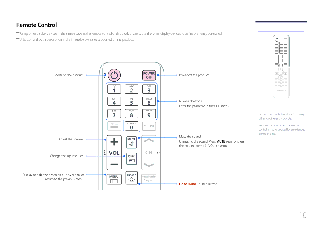 Samsung LH46OHDPKBC/XU, LH55OHDPKBC/EN manual Remote Control, Power on the product, Mute the sound, Change the input source 