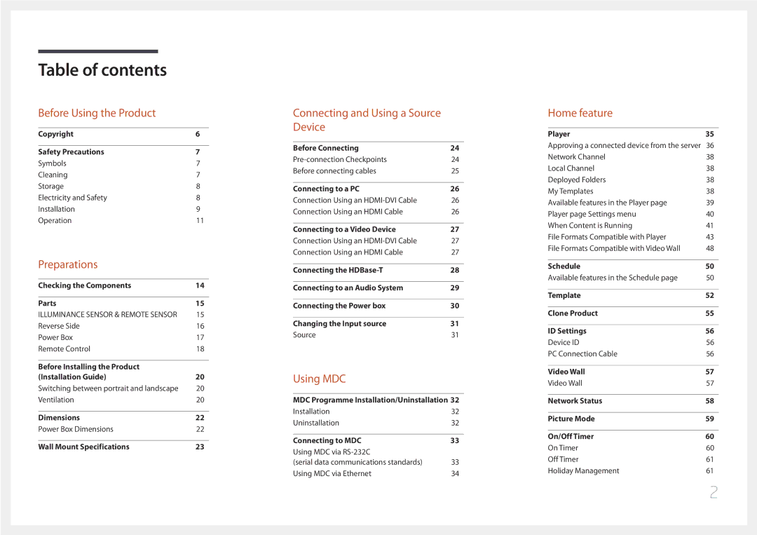 Samsung LH46OHDPKBC/UE, LH55OHDPKBC/EN, LH46OHDPKBC/EN, LH46OHDPKBC/XU, LH55OHDPKBC/CH manual Table of contents 