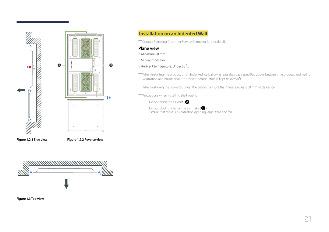 Samsung LH46OHDPKBC/EN manual Installation on an Indented Wall, Plane view, Minimum 50 mm Ambient temperature Under 50 C 