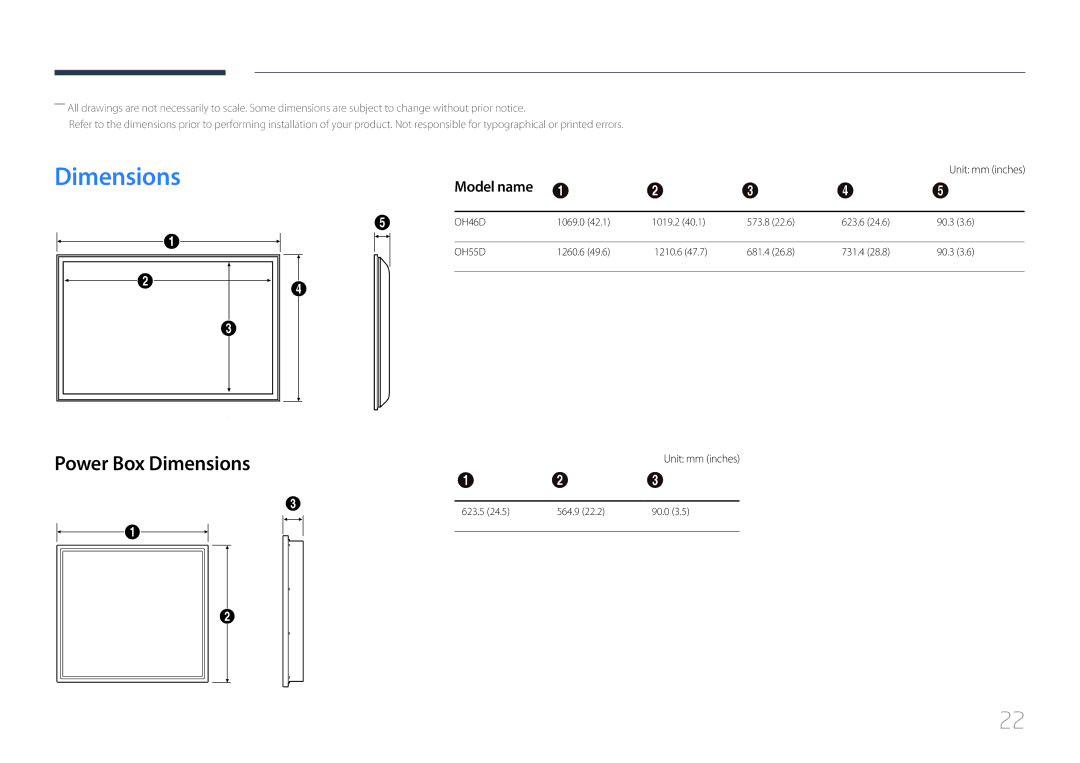 Samsung LH46OHDPKBC/UE, LH55OHDPKBC/EN, LH46OHDPKBC/EN, LH46OHDPKBC/XU Power Box Dimensions, Model name, Unit mm inches 