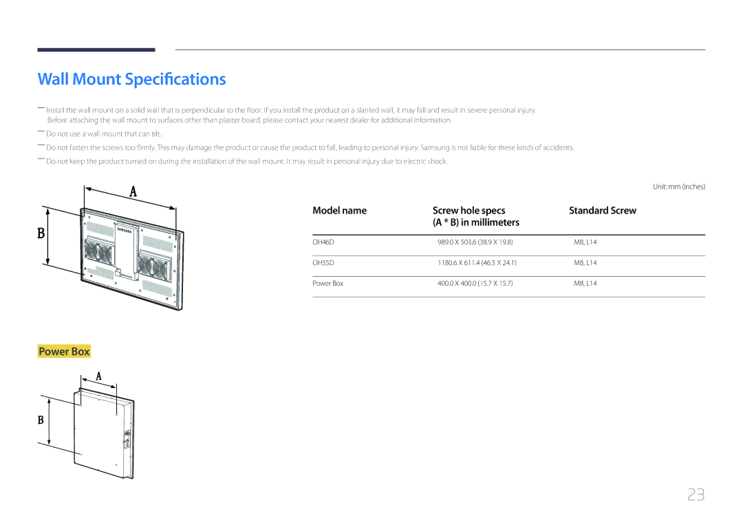 Samsung LH46OHDPKBC/XU, LH55OHDPKBC/EN Wall Mount Specifications, Power Box, Model name Screw hole specs Standard Screw 