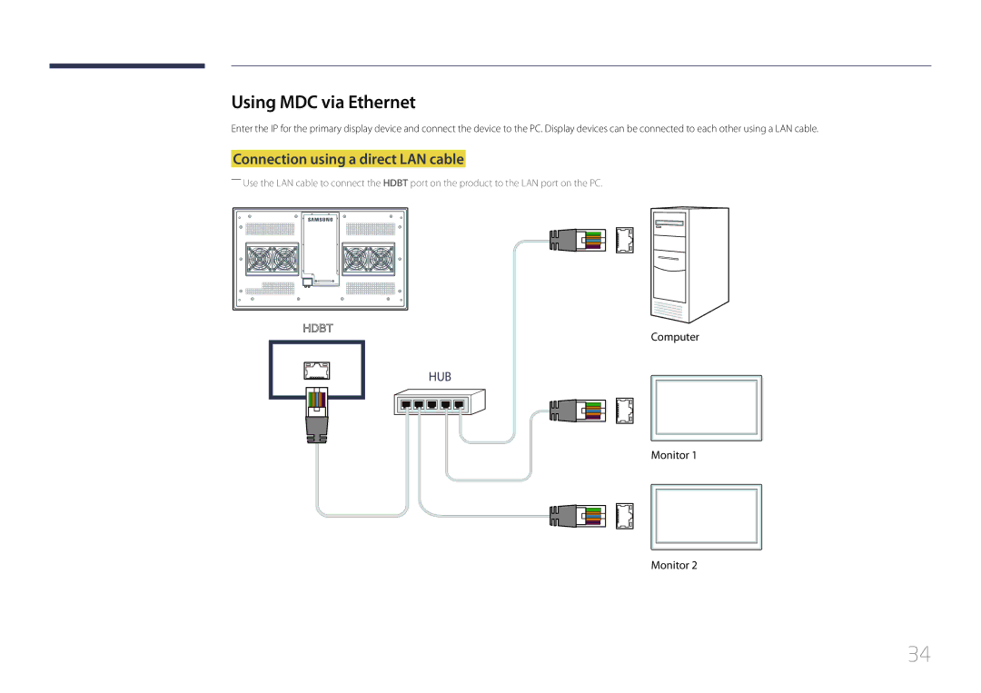 Samsung LH55OHDPKBC/CH, LH55OHDPKBC/EN, LH46OHDPKBC/EN manual Using MDC via Ethernet, Connection using a direct LAN cable 