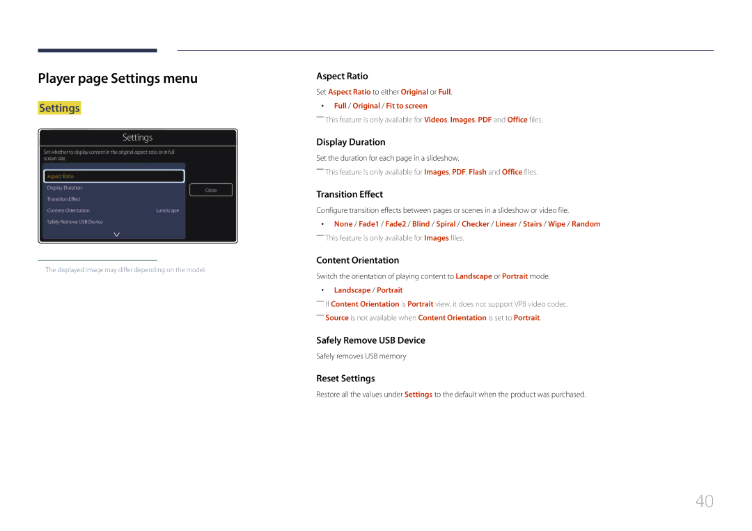 Samsung LH55OHDPKBC/EN, LH46OHDPKBC/EN, LH46OHDPKBC/UE, LH46OHDPKBC/XU manual Player page Settings menu, Landscape / Portrait 