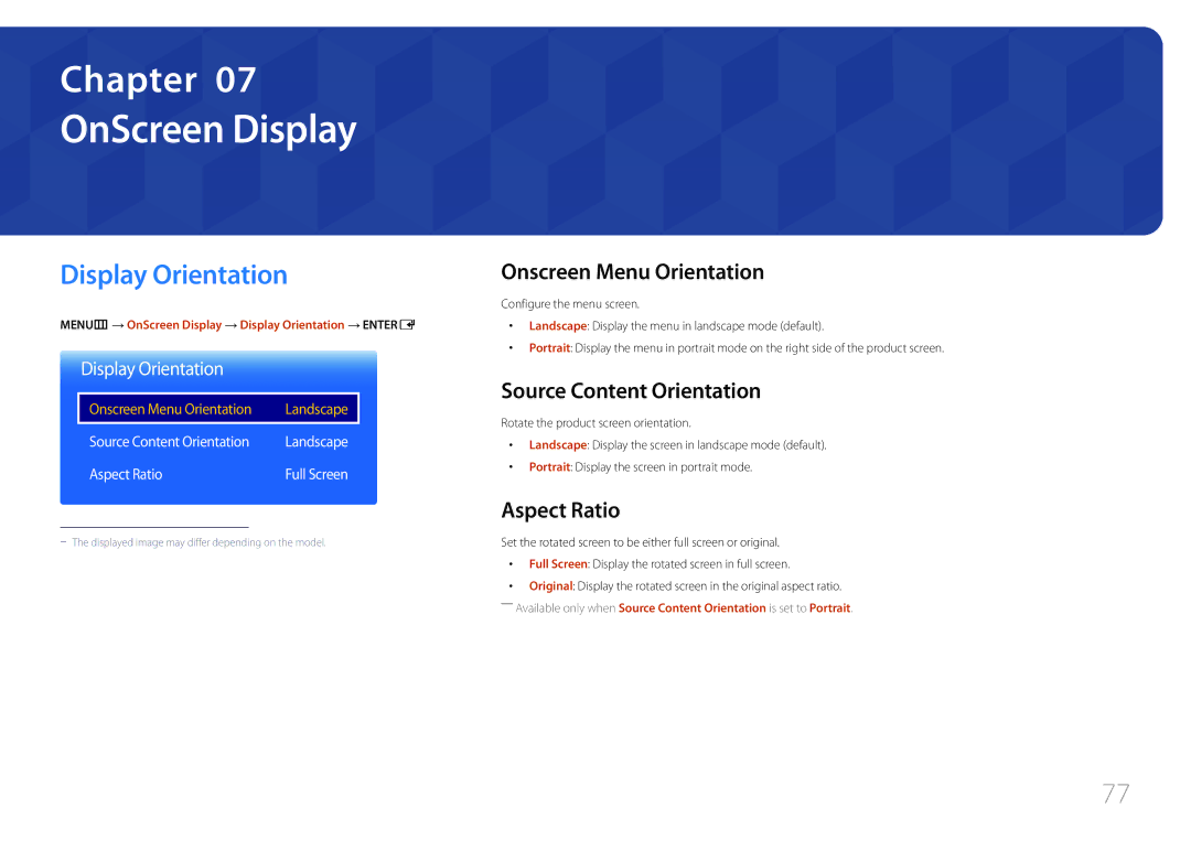 Samsung LH46OHDPKBC/UE manual OnScreen Display, Display Orientation, Onscreen Menu Orientation, Source Content Orientation 