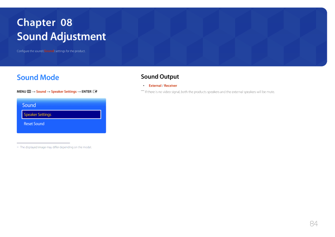 Samsung LH55OHDPKBC/CH, LH55OHDPKBC/EN, LH46OHDPKBC/EN manual Sound Adjustment, Sound Mode, Sound Output, Reset Sound 