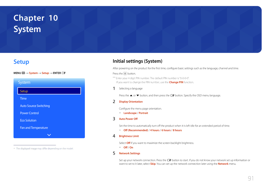 Samsung LH46OHDPKBC/EN, LH55OHDPKBC/EN, LH46OHDPKBC/UE, LH46OHDPKBC/XU, LH55OHDPKBC/CH Setup, Initial settings System 