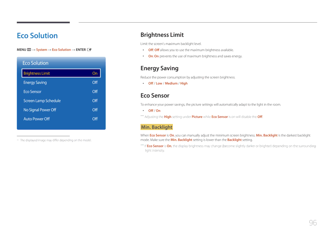 Samsung LH46OHDPKBC/EN, LH55OHDPKBC/EN, LH46OHDPKBC/UE manual Eco Solution, Brightness Limit, Energy Saving, Eco Sensor 