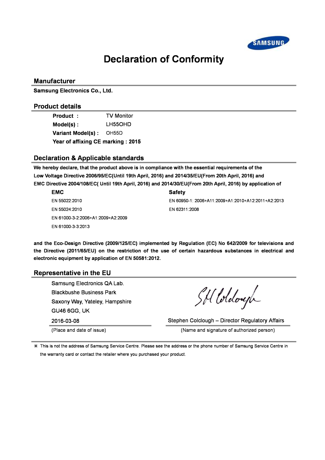 Samsung LH46OHDPKBC/EN manual Declaration of Conformity, Manufacturer, Product details, Declaration & Applicable standards 