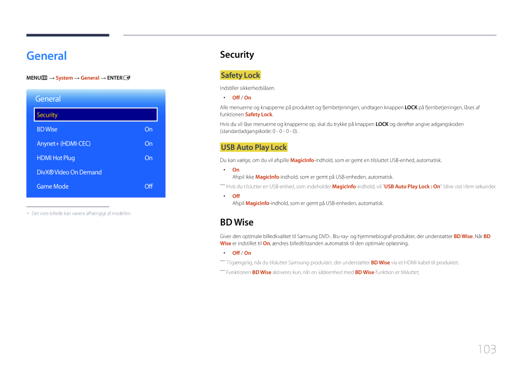 Samsung LH46OHDPKBC/EN, LH55OHDPKBC/EN, LH46OHDPKBC/XU manual General, 103, Security, BD Wise 