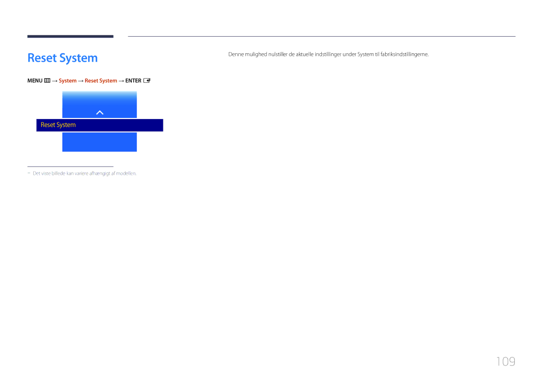 Samsung LH46OHDPKBC/EN, LH55OHDPKBC/EN, LH46OHDPKBC/XU manual 109, Menu m → System → Reset System → Enter E 