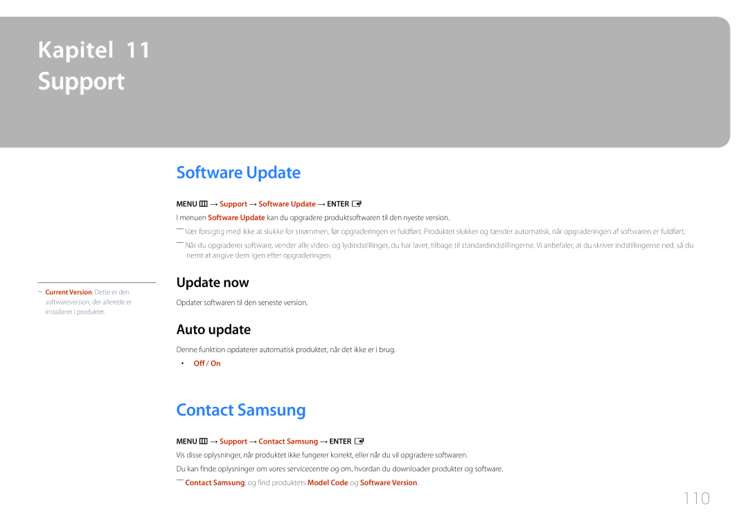 Samsung LH46OHDPKBC/XU, LH55OHDPKBC/EN, LH46OHDPKBC/EN manual Support, Software Update, Contact Samsung, 110 