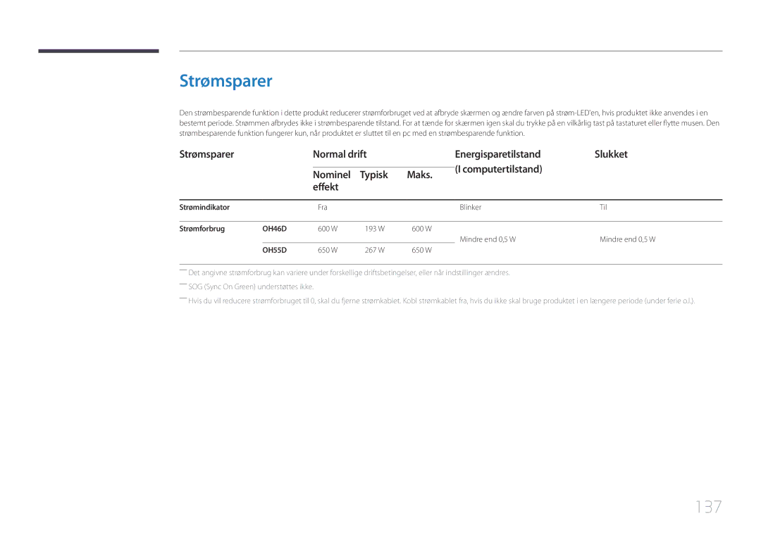 Samsung LH46OHDPKBC/XU, LH55OHDPKBC/EN, LH46OHDPKBC/EN manual Strømsparer, 137, Maks Effekt, Strømindikator, Strømforbrug 