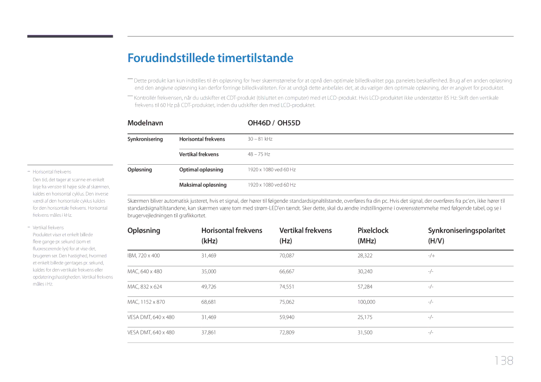 Samsung LH55OHDPKBC/EN manual Forudindstillede timertilstande, 138, Modelnavn OH46D / OH55D, Vertikal frekvens Pixelclock 