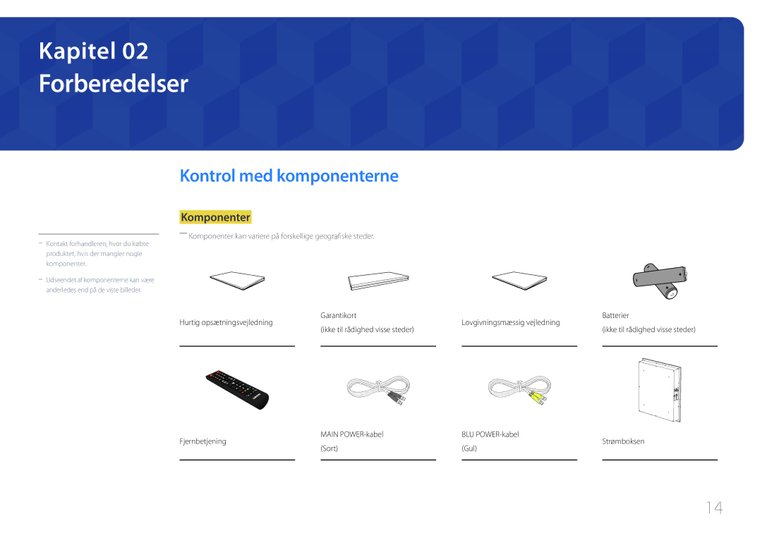 Samsung LH46OHDPKBC/XU, LH55OHDPKBC/EN, LH46OHDPKBC/EN manual Forberedelser, Kontrol med komponenterne, Komponenter 