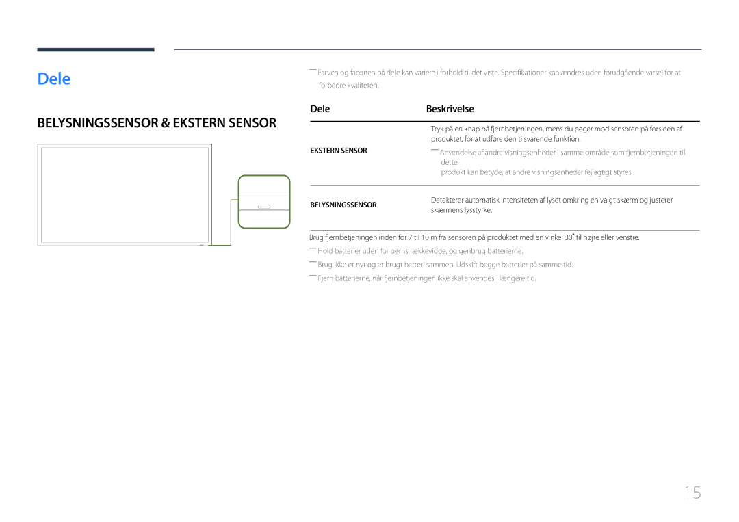 Samsung LH55OHDPKBC/EN manual Dele Beskrivelse, Produktet, for at udføre den tilsvarende funktion, Skærmens lysstyrke 