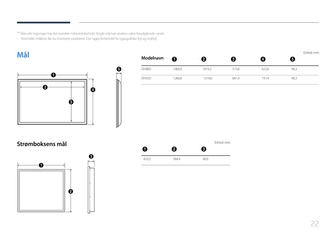 Samsung LH46OHDPKBC/EN, LH55OHDPKBC/EN, LH46OHDPKBC/XU manual Mål, Modelnavn, Enhed mm 