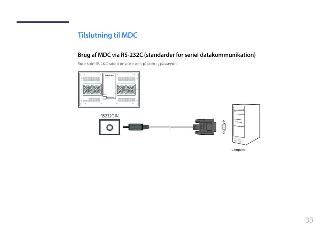 Samsung LH55OHDPKBC/EN, LH46OHDPKBC/EN, LH46OHDPKBC/XU manual Tilslutning til MDC 