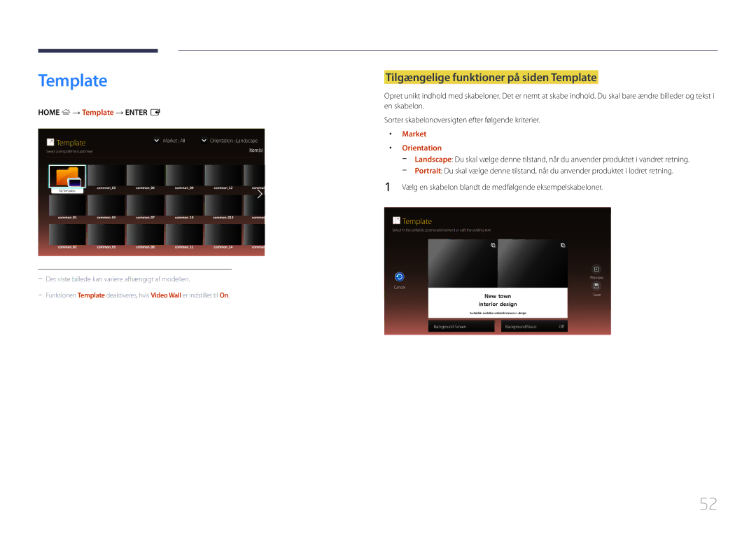 Samsung LH46OHDPKBC/EN manual Tilgængelige funktioner på siden Template, Home → Template → Enter E, Market, Orientation 