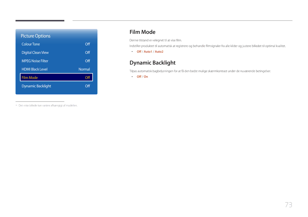 Samsung LH46OHDPKBC/EN, LH55OHDPKBC/EN Film Mode, Dynamic Backlight Off, Denne tilstand er velegnet til at vise film 