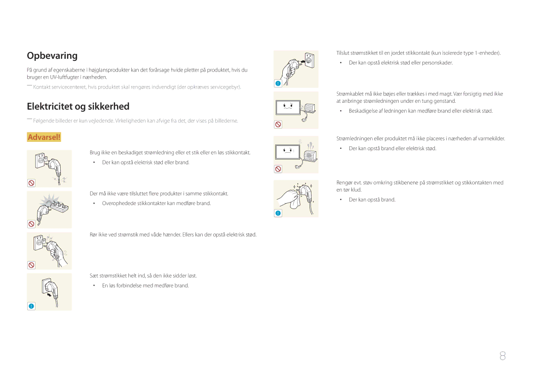 Samsung LH46OHDPKBC/XU, LH55OHDPKBC/EN, LH46OHDPKBC/EN manual Opbevaring, Elektricitet og sikkerhed 