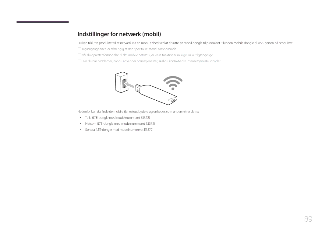 Samsung LH46OHDPKBC/XU, LH55OHDPKBC/EN, LH46OHDPKBC/EN manual Indstillinger for netværk mobil 