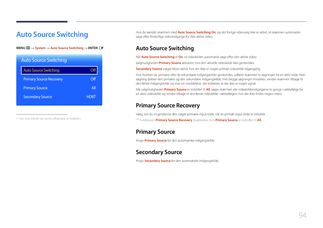 Samsung LH46OHDPKBC/EN, LH55OHDPKBC/EN, LH46OHDPKBC/XU Auto Source Switching, Primary Source Recovery, Secondary Source 