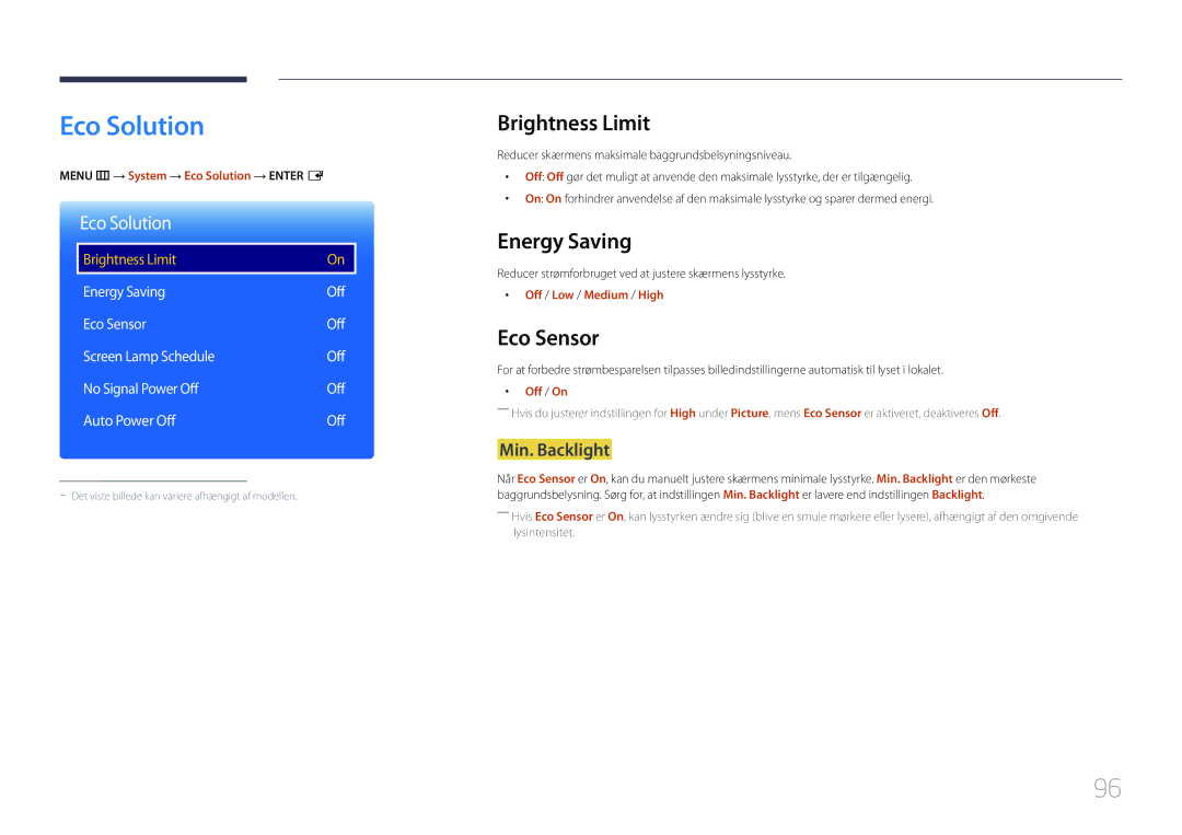 Samsung LH55OHDPKBC/EN, LH46OHDPKBC/EN, LH46OHDPKBC/XU manual Eco Solution, Brightness Limit, Energy Saving, Eco Sensor 